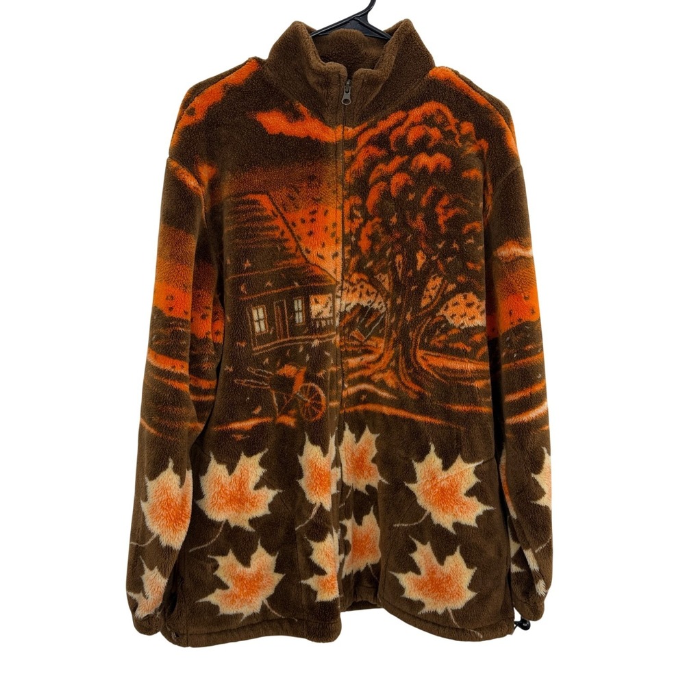 Art Unlimited Sportswear Jacket Womens 2XL Brown Autumn Landscape Maple Leaf Zip